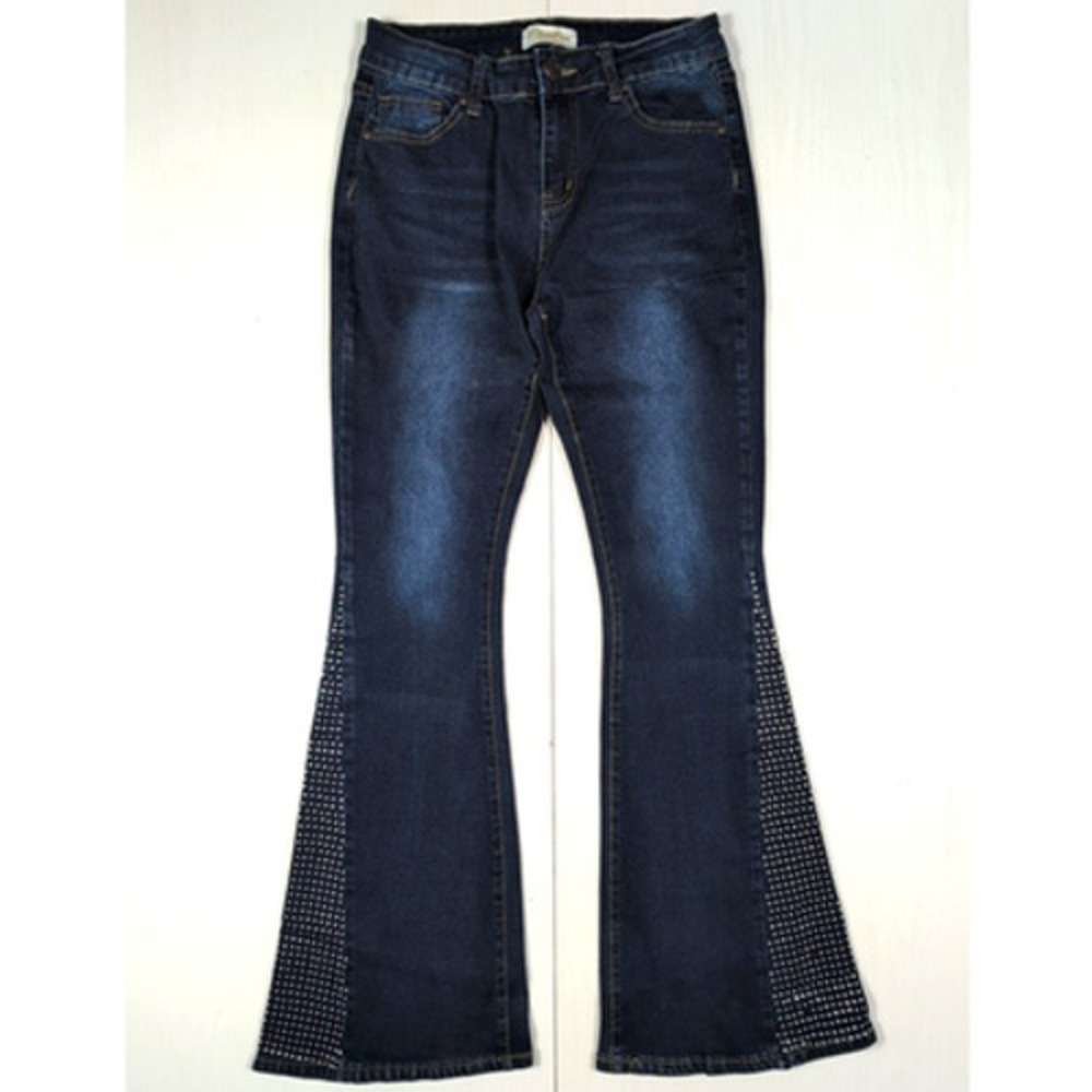 Bamboo Original Denim Flare Jeans Dark Wash Rhinestone Women Sz 9 High Rise
